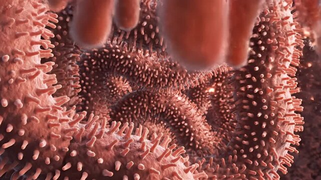 Microscopic view of intestinal villi and microvilli showcasing nutrient absorption structures.