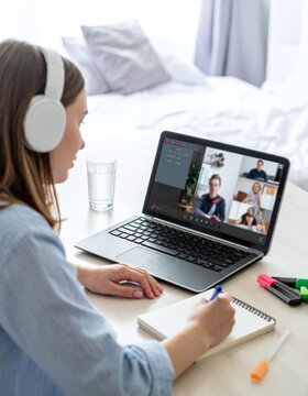 A young woman wearing headphones participates in a group video conference on her laptop at home. Perfect for concepts of online education, remote work, and modern elearning.