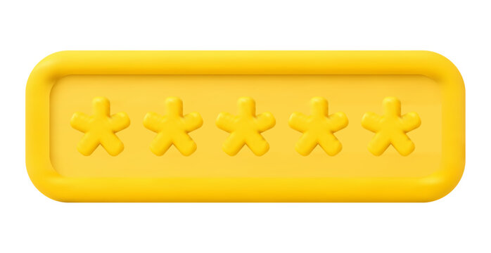 Yellow 3D password field icon with stars. Glossy realistic render for account login, hidden pin code, cyber security.