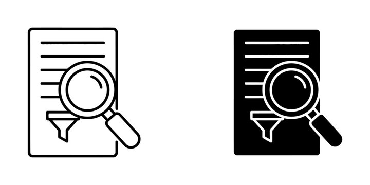 Document search and data filter icon set with document magnifying analysis