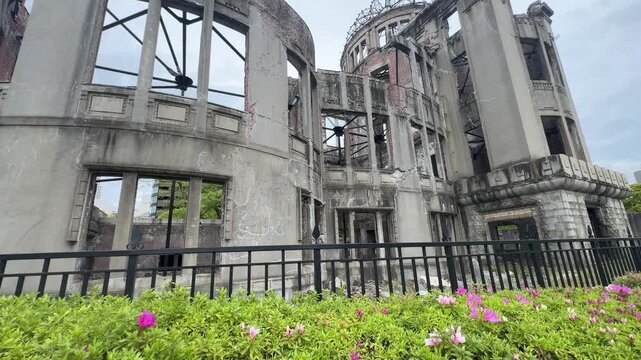 Hiroshima, Japan famous A-Bomb dome (atomic bomb dome) building. Panning up 