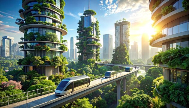 A futuristic green city with ecofriendly skyscrapers covered in lush plants, featuring advanced monorails on elevated tracks at sunrise. Ideal for sustainable urban development concepts.