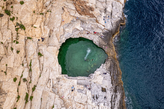 Giola thassos natural rock pool aerial drone view