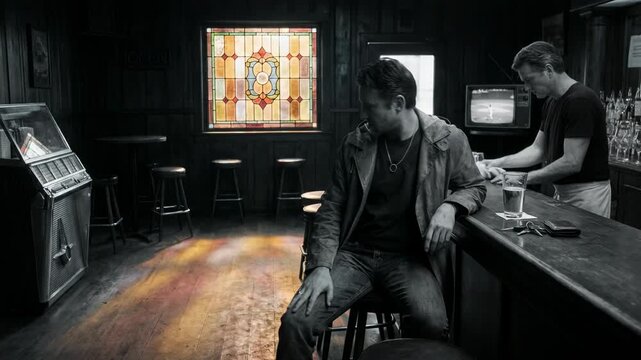 Lonely man sitting at bar counter in retro pub. Melancholic atmosphere with moody stained glass lighting. Cinematic scene depicting solitude and autumn gloom.
