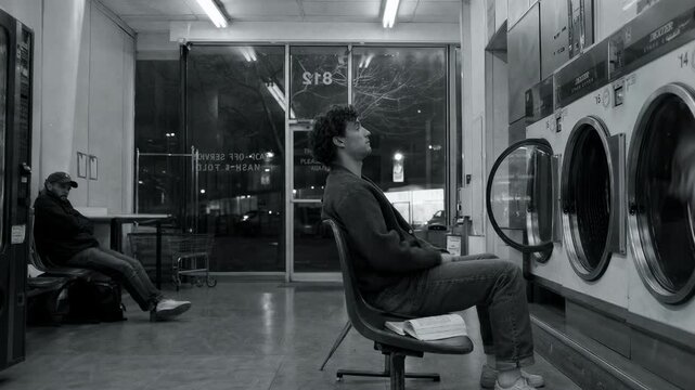 Man waits at a laundromat during night silence. Melancholy scene of urban solitude at a self service laundry. Cinematic mood of isolation and late autumn gloom.