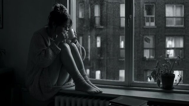 Depressive woman sitting on windowsill by window with rain outside. Solitary lady holding mug drinking tea. Gloomy autumn mood and melancholy lifestyle concept.