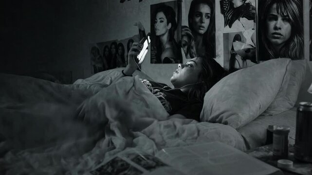 Tired woman lying in bed at night using mobile phone. Depressive mood and loneliness in dimly lit bedroom with open books. Concept of insomnia and social media.