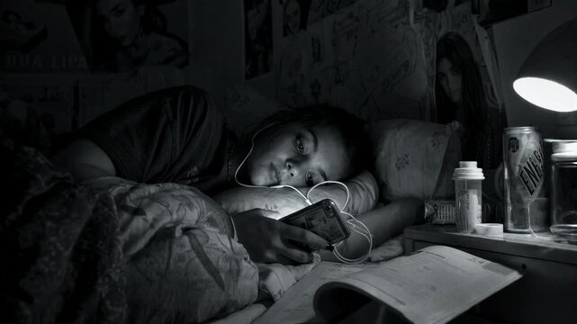 Young woman lying in bed using smartphone at night. Melancholic atmosphere with moody lighting reflecting loneliness and inner turmoil in a dark bedroom setting.