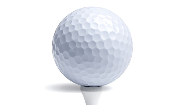 Isolated white golf ball with dimpled texture on a reflective surface, studio shot