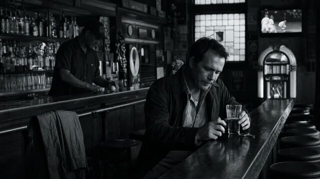 Sad man drinking beer alone at bar counter. Depressed customer in pub during autumn gloom. Melancholy mood reflecting isolation and loneliness in empty lounge.