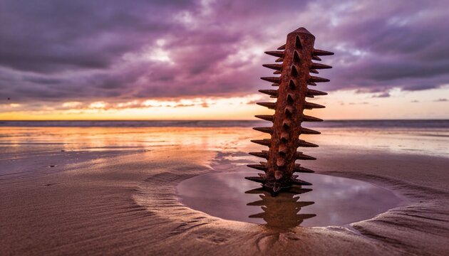 Rusty spiked beach obstacle on a sandy shore at sunset. World War II historical remnant on Normandy beach for D-Day anniversary