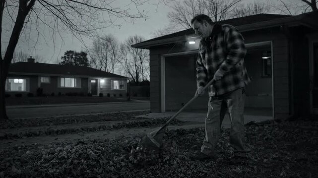 Man raking fallen leaves in yard during autumn dusk. Suburban home garden maintenance, chore and melancholy seasonal atmosphere. Monochromatic outdoor scene.