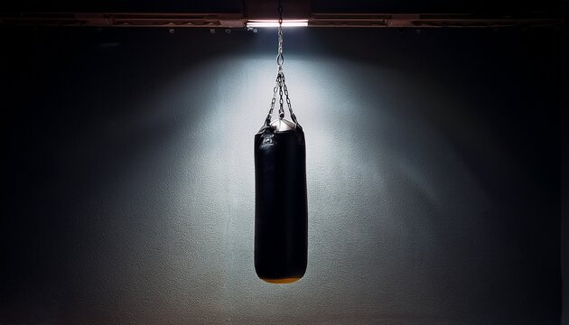 a lone punching bag hanging from the ceiling illuminated by a spotlight casting dramatic shadows