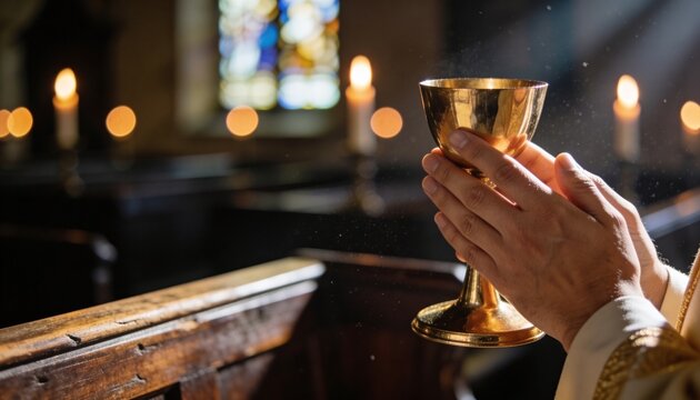 Hands of a priest holding a golden chalice during a religious ceremony in a church. Eucharist and Holy Communion ritual.