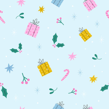Christmas seamless pattern with holiday elements - gift box, mistletoe, candy, snow