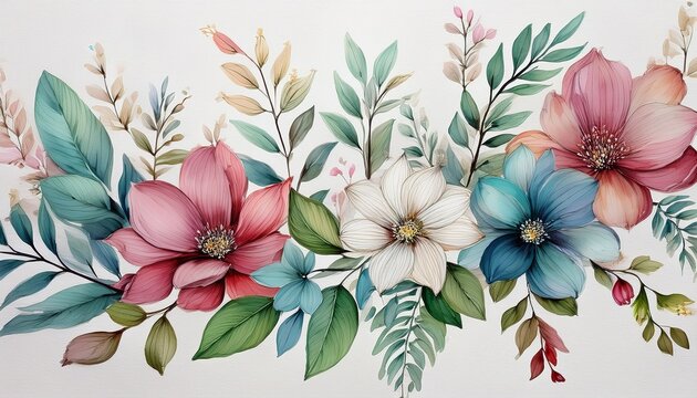 watercolor of floral and leaves in white canvas background