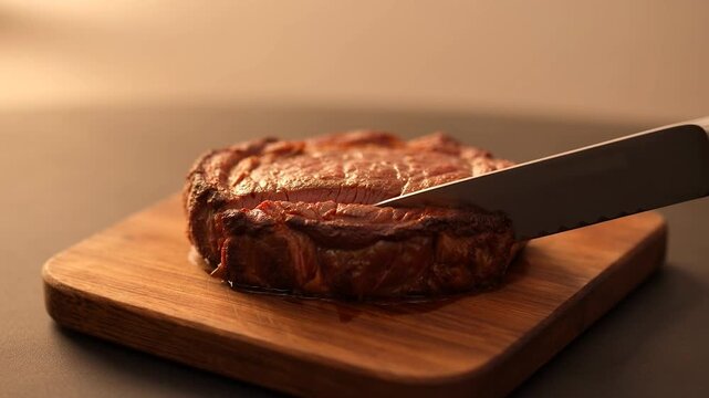 Slicing a juicy medium rare filet mignon steak on a wooden cutting board with a sharp serrated knife showing the perfect cook