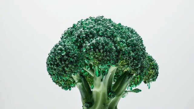 Abstract surreal broccoli made of refractive frosted glass and liquid emerald
