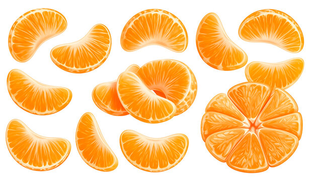 Isolated mandarin orange slices and segments, vibrant citrus fruit, fresh healthy food for juice and snacks