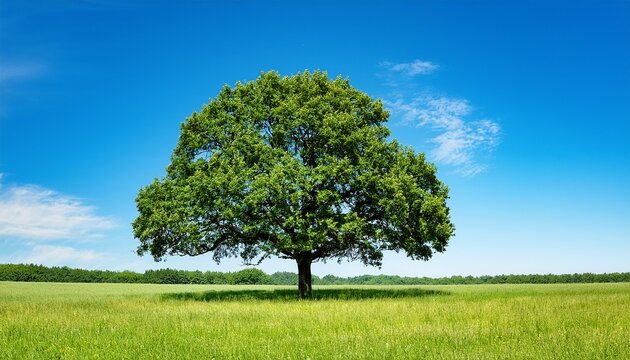 large green tree with a broad canopy stands alone in a grassy field under a clear blue sky with distant clouds visible on the horizon