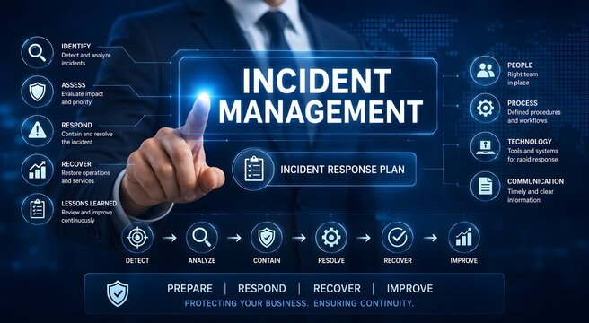 A businessman touching the incident management diagram for the concept of business continuity and security.