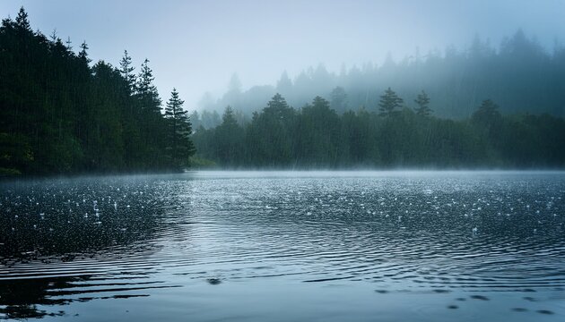raindrops creating mesmerizing ripples on the tranquil lake surface with forest background and foggy atmosphere