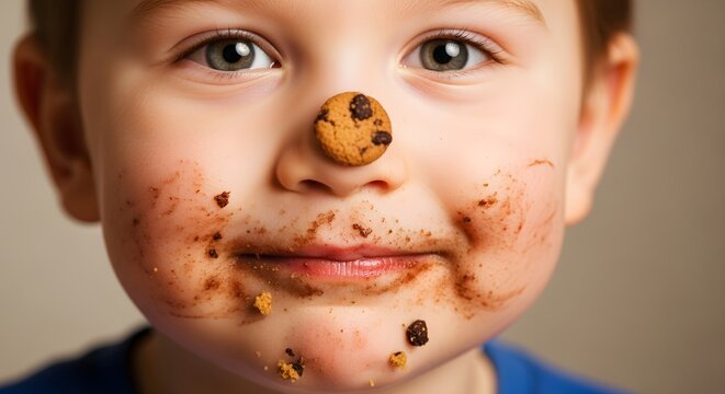 Child's face covered in chocolate chip cookie crumbs, looking guilty but happy.