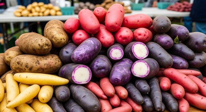 Various potatoes (russet, red, purple, fingerling) at a farmers market.