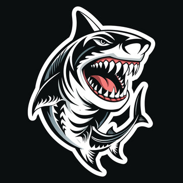 Shark head illustration captures a menacing predator with an open mouth and sharp teeth rendered in a bold sticker design.