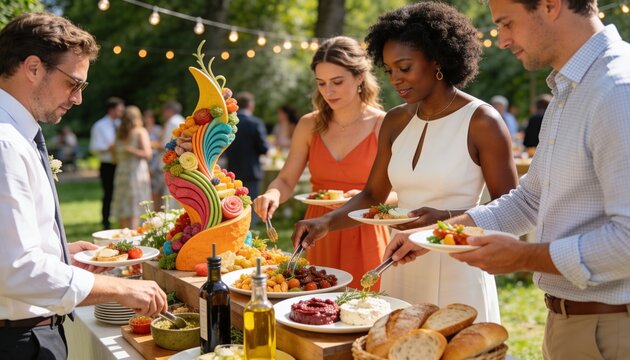 Wedding guests serving food at an outdoor buffet station. Diverse people at a garden reception with colorful catering display. Social celebration and outdoor dining concept