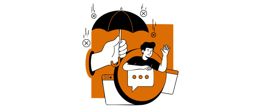 Customer support protection concept vector artwork depicting a hand with an umbrella blocking falling system error icons safeguarding a friendly male assistant user inside a web chat interface bubble.