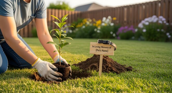 Planting a flower or tree in memory of a pet in a backyard.