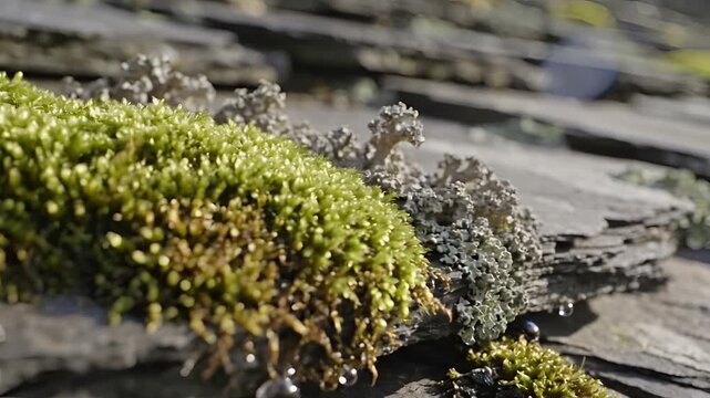 Closeup of moss and lichen growing on weathered slate roof tiles.