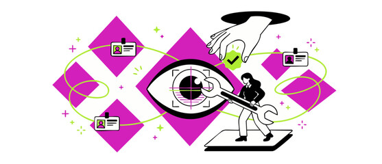 Obraz premium Biometric eye verification data security scan concept with a woman adjusting giant iris scanning systems, identity access authorization checkmark, and digital ID card validation banner graphics.