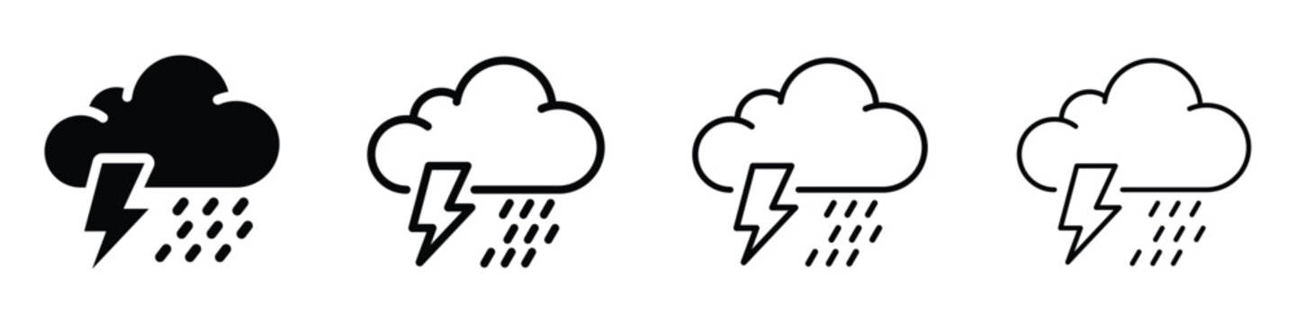 Collection of weather icons showing thunderstorms with rain and lightning