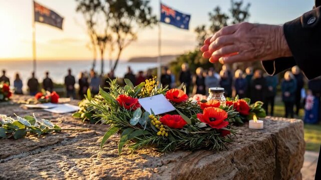 Elderly man placing poppy wreath on coastal memorial stone. Anzac day remembrance ceremony with australian flags and sunset ocean view. Veterans honoring war heroes tradition