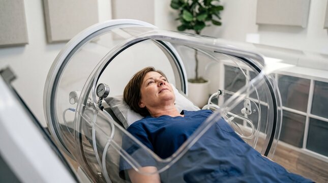 health and wellness tech, a person relaxes inside a sleek hyperbaric chamber, emphasizing wellness