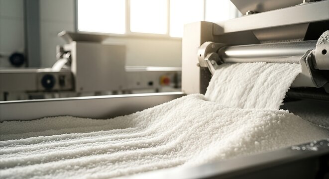 White granular material processing in modern industrial production line, clean manufacturing, and purity concept