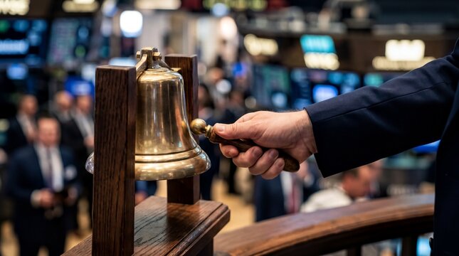 financial event symbolism, a hand elegantly rings a golden ipo bell, surrounded by a soft blur