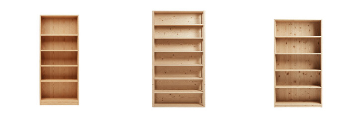 Set of three tall modern light brown wooden bookshelves or empty library bookcase units for minimalist home interior living room furniture decor, isolated white background. © Photo Shap