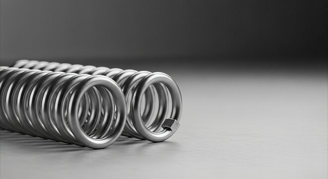 Metallic coil springs arranged on a clean surface, perfect for technical design, manufacturing, and industrial presentations