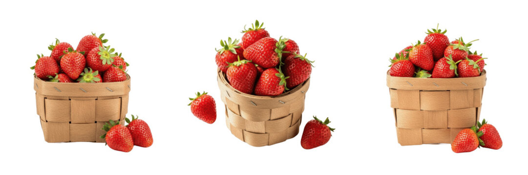 Isolated set of three rustic wooden baskets overflowing with fresh ripe red sweet strawberries for organic agriculture farm harvest food recipes, white background.