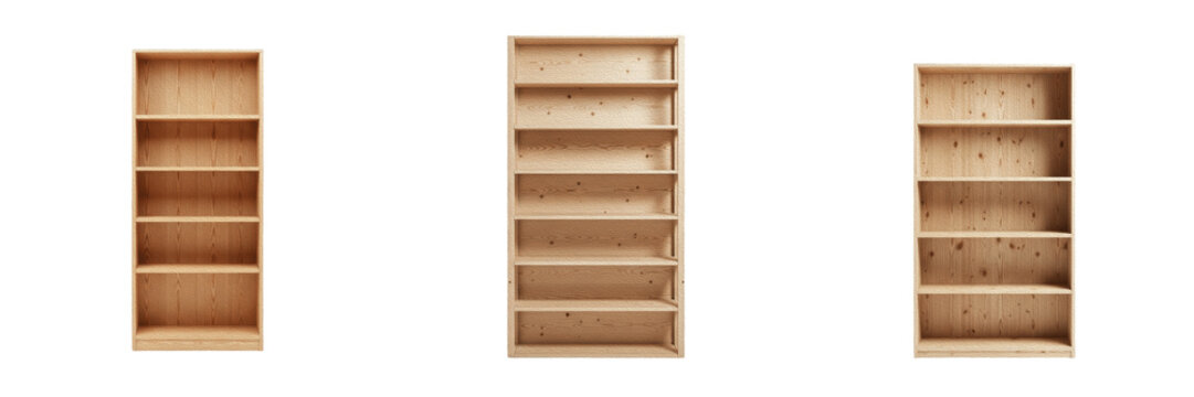 Set of three tall modern light brown wooden bookshelves or empty library bookcase units for minimalist home interior living room furniture decor, isolated white background.
