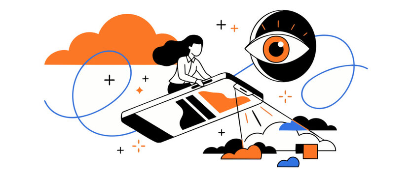 Businesswoman holding large mobile phone looking at giant eye graphic representing online privacy, digital surveillance, data tracking, cybersecurity threat, and search engine optimization concepts.