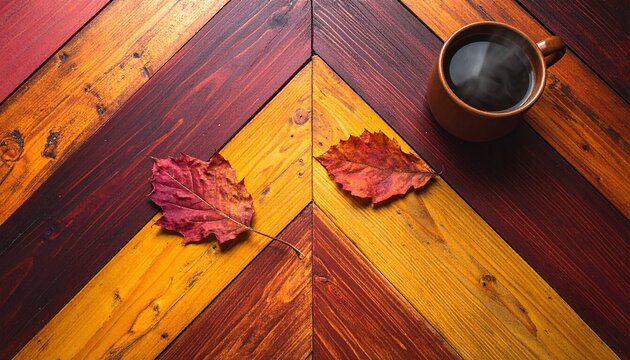 Cozy autumn flat lay featuring a steaming mug of hot black coffee and dry red oak leaves on a rustic, warmtoned chevron wooden table, capturing the comfort of fall mornings.