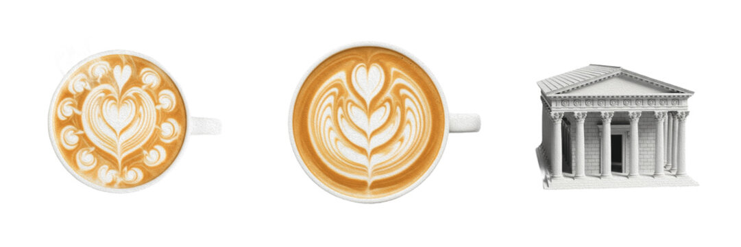 Isolated set of three top views of a delicious round ceramic mug filled with hot aromatic espresso coffee featuring elegant creamy milk rosette froth latte art, white background.