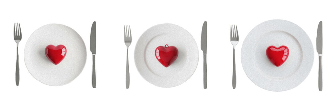 Set of three romantic dinner table layout settings featuring a round white ceramic plate a silver fork and knife and a small red heart object, isolated white background.