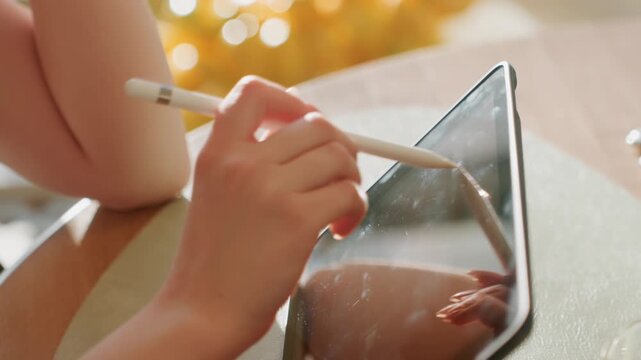 Closeup hands wiping tablet screen with stylus removing smudges and streaks, glass reflection and sunlight, cup on table, slow deliberate motion conveying cozy morning routine and tidy domestic