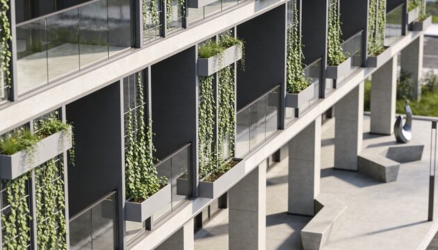 Modern apartment building facade with vertical gardens. Sustainable urban design with green balconies and climbing plants.