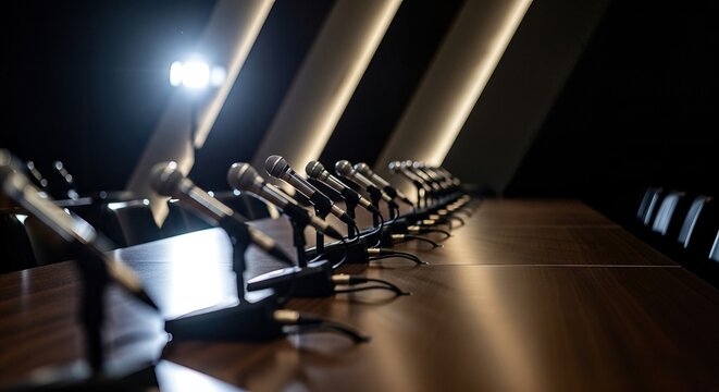 Empty conference room with microphones on table, ready for press conference or important announcement, dramatic lighting
